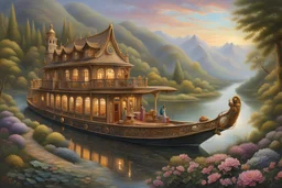 Wide view, In the style of Josephine Wall, an intricate, elegant houseboat on a river, forests on both sides of the river, mountains in the background, detailed, complex, award winning masterpiece,