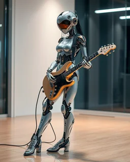 full body all to feet rendering female robotic Punk rocker playing electric guitar, he having chasing clear surfaces it from transparency super clear glass explore inside machine components, advance design futuristic sci fi picture,find details,Sony Alpha 7 50mm 1.8,medium shot, high-resolution image with fine details,ultra detailed,ultra realistic,extremely realistic,intricate,photorealistic,epic composition,futuristic room background