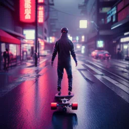 photo of a ninja riding a skateboard; in an alternate universe in tokyo; cyberpunk; realistic; rain; neon signs