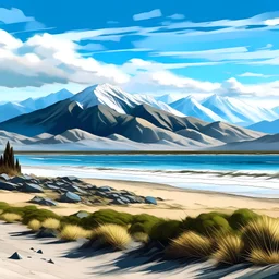 paisaje del sur de argentina al borde de una playa con montañas nevadas de fondo en una tarde de verano al estilo de paisaje realista basado en la flora fauna argentina al borde de una playa con montañas nevadas de fondo en una tarde de verano al estilo de Alfredo Lazzari