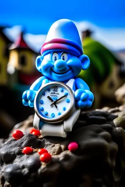 "Capture the essence of a classic Smurf Watch: A bright blue wristwatch with a white strap, featuring Papa Smurf's face on the dial, set against a backdrop of a whimsical Smurf village."
