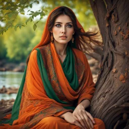 Hyper Realistic Photographic-View of a Beautiful Young Pashto Woman with beautiful eyes & beautiful brown hair wearing Brown Dress with orange embroidery & dark-green-shawl sitting under a thick dense old tree with leaved falling riverside at beautiful day showing dramatic & cinematic ambiance.