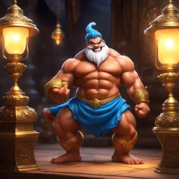 [tiny small lamp] a muscular giant genie Spilling Out with a smile of his very small lamp, his legs are still inside the lamp. How can he fit inside this tiny lamp? large genie spills out of the small lamp [in the treasure room]