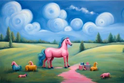 Big pink plastic toy horse.19th painting