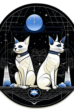 A sleek Siamese cat and a corgi dog sitting side-by-side, gazing out at a starry night sky with a sense of wonder. Style: Art Deco, with geometric shapes and metallic accents. Mood: Dreamy and peaceful. Lighting: Cool moonlight and twinkling stars. T-shirt design graphic, vector, contour, white background.