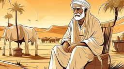 Old man, Arab, turban, white clothes, cattle, desert, council, sun, palm trees, mud houses, holding a stick, looking forward, a very slight smile.cartoon,Sitting on a chair,long beard,Mouth slightly open