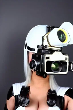 Cyber-punk style camera-mask. Large fencing mask covers cheeks. Trim girls. Reflective white plastic skin. Camera lenses as eyes. Head full of integrated old-fashioned cameras. Golden to cyan surfaces body, latex. Perfect body, thick thighs and calves. Asa Akira. Selfies with old-fashioned cameras in both hands. Wide hip, skirt bleats nicely. Camera at mons veneris and nipples. Partly symmetrical. Three Cameras hanging on wide plastic belt. Euclidean 3D-tiling. Fractal-camera-lens.Minimalism