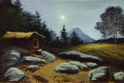 Night, moon, trees, cabin, pathway, rocks, vegetations, distant trees, distant mountains, philip wilson steer impressioniam painting