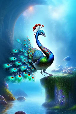 mystical beach, peacock, mystical, dreamlike, romanticism, fine detail, high quality, raining, rain droplets, beautiful colors, soft lighting, fish,