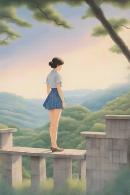 Hasui Kawase, Scott M Fischer, Surreal, mysterious, bizarre, fantastical, fantasy, Sci-fi, Japanese anime, development of the earth, perspective view, perspective, movement of the vanishing point, beautiful girl in a miniskirt drawing, perfect voluminous body, multicolored watercolor woodblock print style, detailed masterpiece