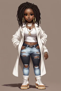 create a digital image of a plus size chibi dark skinned Black female wearing a white jean outfit with timberland boots. Prominent make up with brown eyes. Highly detailed dread locs 2k