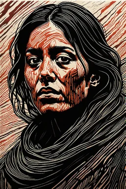 create an abstract, deeply powerful tragic and evocative, full body color woodcut of a raw and weathered young refugee woman with highly detailed and deeply cut facial features, lost in a horrific post apocalyptic Gaza, in the style of KATHE KOLLWITZ , searing lines and forceful strokes