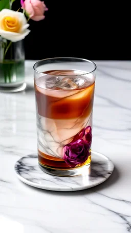 A modern twist on iced tea, with a sleek glass filled with sparkling tea infused with hints of lavender and rose, served on a marble countertop.