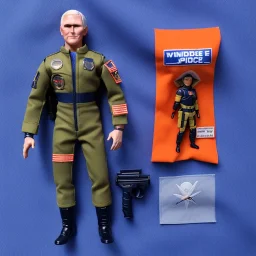 Mike Pence G.I. Joe toy Doll space force uniform, orange blue fabric, guns, wall packaging for sale, bright pricetag, flag