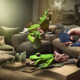 Two frogs sitting on the sofa in the living room and PS4 consoles in their hands,fantasy,4K,8K,16K