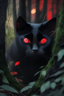 قطة سوداء مع اعين حمراء في غابة
