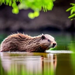 ein biber steht auf den hinteren beinen auf einem floss, das auf dem wasser schwimmt, im hintergrund bäume und berge