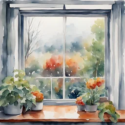 November cloudy gloomy rainy day behind window overlooking a garden, watercolor