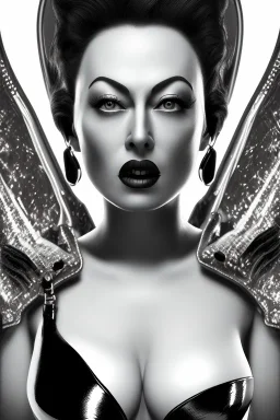 Joan Crawford as evil queen in black leather, busty, cleavage, dominatrix, curvy, angry, stern look. unreal 5, octane render, cinema4d, dynamic lighting, dramatic lighting, 4k, redshift render, highly detailed, hyper realistic,anthropomorphic black wolf long