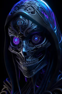 female, mask Grim Reaper, cyberpunk, big fangs, glowing runes, nordic runes, violet eyes, glowing eyes, hard-edge style,highly detailed, high details, detailed portrait, masterpiece,ultra detailed, ultra quality