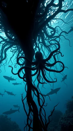 under water with sharks , black vein, human veins, mixing together a lot of them, like a forest, big and small veins a lot of them, a black creature looks like an octopus with many arms