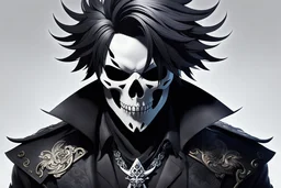 Logo skull, man hair , scissors, mask, cover face in 8k solo leveling shadow artist dynamic pose, oshare kei, hurufiyya, rtx, intricate details, highly detailed, high details, detailed portrait, masterpiece,ultra detailed, ultra quality