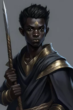 A young male Air genasi with black skin ahs some hair holding a smuldring spear