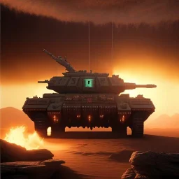 volumetric dramatic desert Battle scene with futuristic hovering military armored Hovercraft tank painted by chris foss, floating, 4k, 8k, Minutiae, highly detailed, rivets, hovering, stripes, sunset [duststorm, nimbus clouds]