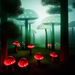 Forêt de champignons géants, réaliste, sombre, brumeux, 8k, bioluminescence .