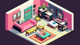 Salón social estilo Isométrico + Hipermodernismo donde hay un/a Gata