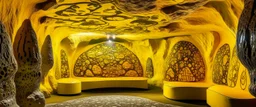 A yellow underground cave with crystals designed in cave paintings painted by Keith Haring