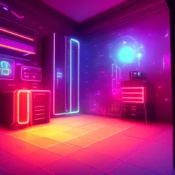 bedroom. dark sparkley cyberpunk style .neon lights