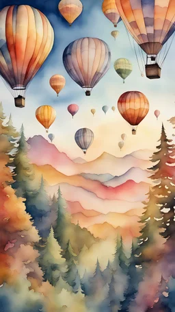 Hot air balloons fly in the warm sky, and the annual hot air balloon feast above forest fantasy style, watercolour