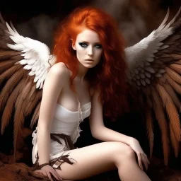 A beautiful woman with wild red hair, feathered wings, legs like a hawk, clawed hands.