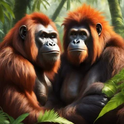 Two characters in the heart of the rainforest: the majestic female orangutan Queen, half woman, half monkey. Her fiery auburn fur shimmered in the light and her wise amber eyes met the Gray Mouser's gaze with a mixture of curiosity and wisdom. The Queen exuded an aura of grace and command that demanded respect.