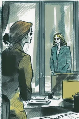 woman talking to someone in office with big windows sketch style with a bit color