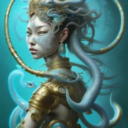 Sango fantasy, fantasy magic, intricate, sharp focus, illustration, highly detailed, digital painting, concept art, matte, art germ and Paul Lewin and Kehinde Wiley, masterpiece Japanese dancer head bronze squid' Asian African girl nice breast Thai hair turquoise silver blue under water