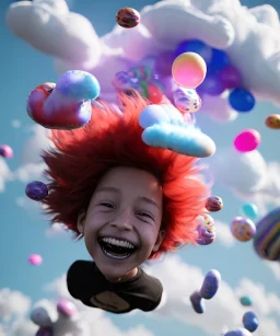 Ultra realistic speed clouds sky scene, wide angle view, child falling down with many Children background, inflatable monsters, circus dress style, feather color, free jumping flying, many trinkets, hair monster, many jelly beans, balls, color smoke, smile, happy, extreme, wind, clouds sea, 20,000 feet altitude, stratosphere, soft color, highly detailed, unreal engine 5, ray tracing, RTX, lumen lighting, ultra detail, volumetric lighting, 3d, finely drawn, high definition.