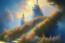 mystical long stairway up to heaven in the sky, beautiful colours, romanticism, fantasy, Neo-Impressionism, fine art