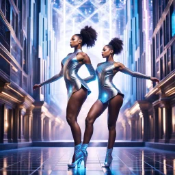 create a prompt for ai image generation to make an image of 3d fractal recusive art of dancer girls wearing modern clothing in a magical city escape of future