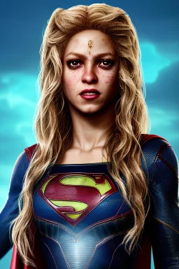 portrait, Shakira, make-up, angry, Realistic image, superhero, retro style, 70s, supergirl, blood, sweat, fog, goddess. Color background, photo studio, concept art, smooth, unreal engine 5, god lights, ray tracing, RTX, lumen lighting, ultra detail, volumetric lighting, 3d, finely drawn, high definition, 4k.