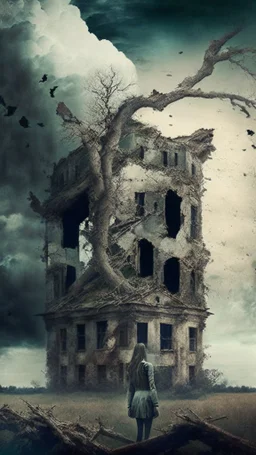 ruined buildings with women and cloudy sky and trees