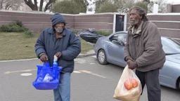 dirty homeless man selling his groceries to strangers