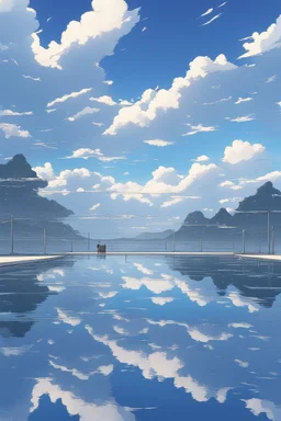 the space with just an water surface and sky with anime style