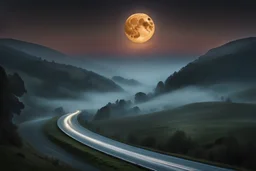 big full moon emerges from the fog over the road, the road twists and turns on the hills , psychedelic, gothic art, very detailed, cinematic, crepy stunning landscape