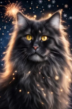 Realistic black New Year fluffy Maine Coon cat catches white snowflakes.golden neon glow.Firework. Winter night background.