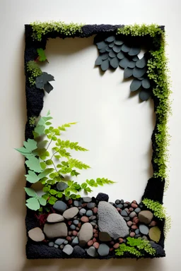 decorative wall frame made of foliage, leaves and small volcanic stones ikebana style