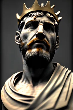 Ultra Realistic image, Roman sculpture, white marble material, Lionel Messi, gold crown of natural thorns, god crown, Miguel Angel style, sun rays background, waist up portrait, epic, celestial, cinematic lighting, God lights, 4k resolution, smooth details, soft lighting, unreal engine 5, art station, substance 3d.