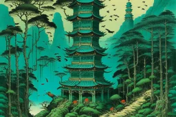 A bluish green tower in a toxic jungle painted by Utagawa Hiroshige