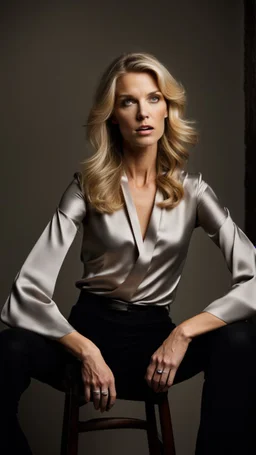 photography of a beautiful anorexic woman, silver satin blouse, megyn kelly show